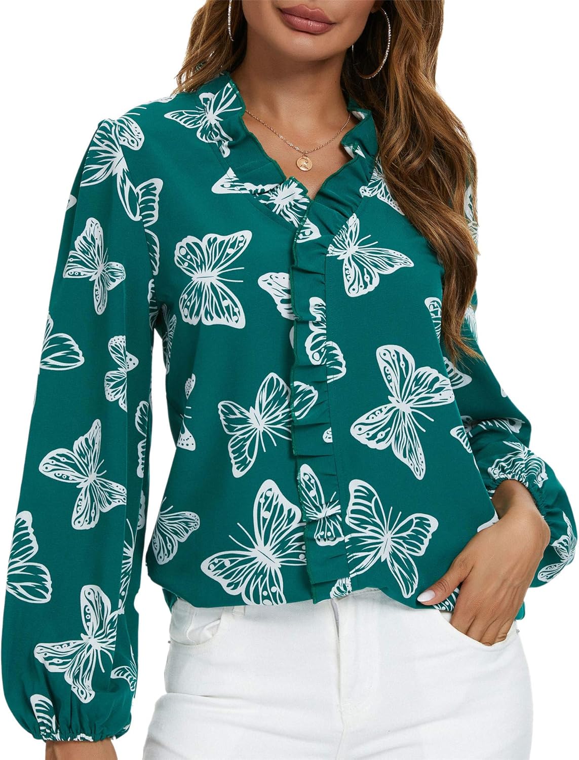 SWEETASE Womens Long Sleeve Print Tops Autumn Lantern Animal Shirt V Neck Ruffle Elegant Office Blouse Shirt for Women