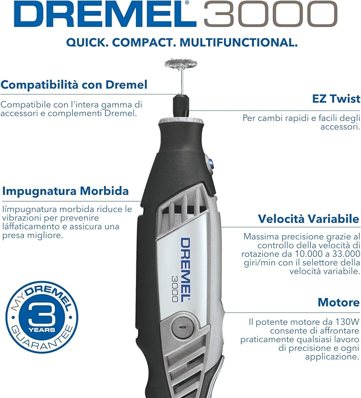 3000 Utensile Multifunzione Rotativo, 1 Complemento, 25 Accessori per Intagliare, Incidere, Fresare, Tagliare, Levigare, Smerigliare, Lucidare e Pulire, 130 W, 230 V, Nero/Grigio