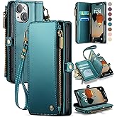 Defencase Compatible with iPhone 13 Case Wallet with RFID Blocking Card Holder for Women Men, Fashion PU Leather Magnetic Snap Flip Zipper Strap Wallet Phone Case Fit for iPhone 13 6.1", Blue Green