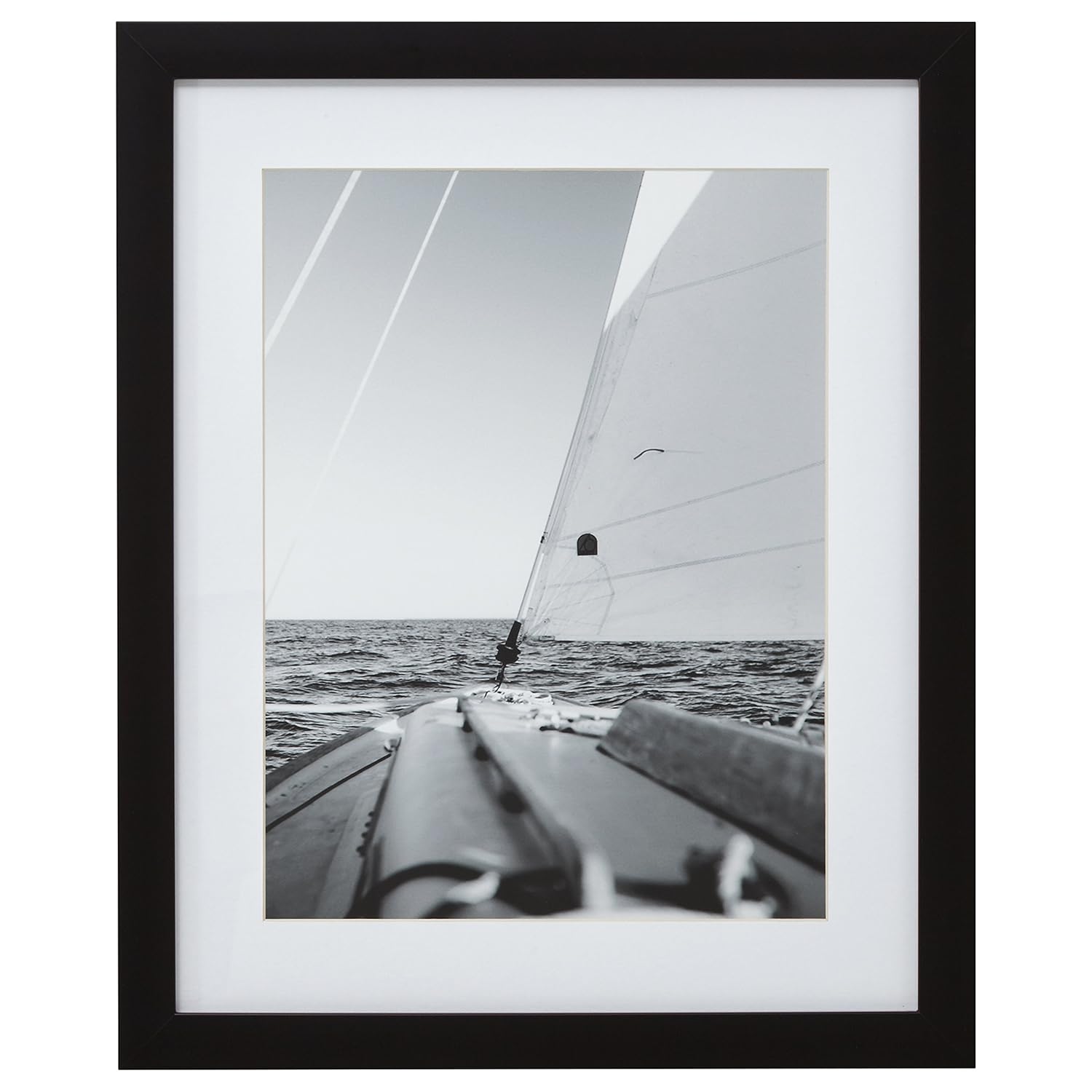 Modern Black and White Nautical Sailboat at Sea Photo Wall Art Décor - 18 x 22 Inch Frame, Black