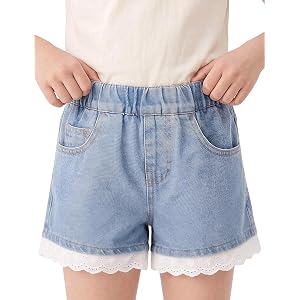 Noomelfish Girls Lace Trim Denim Jeans Shorts Elastic Waist Pull On Summer Shorts with Pockets (5-12 Years)