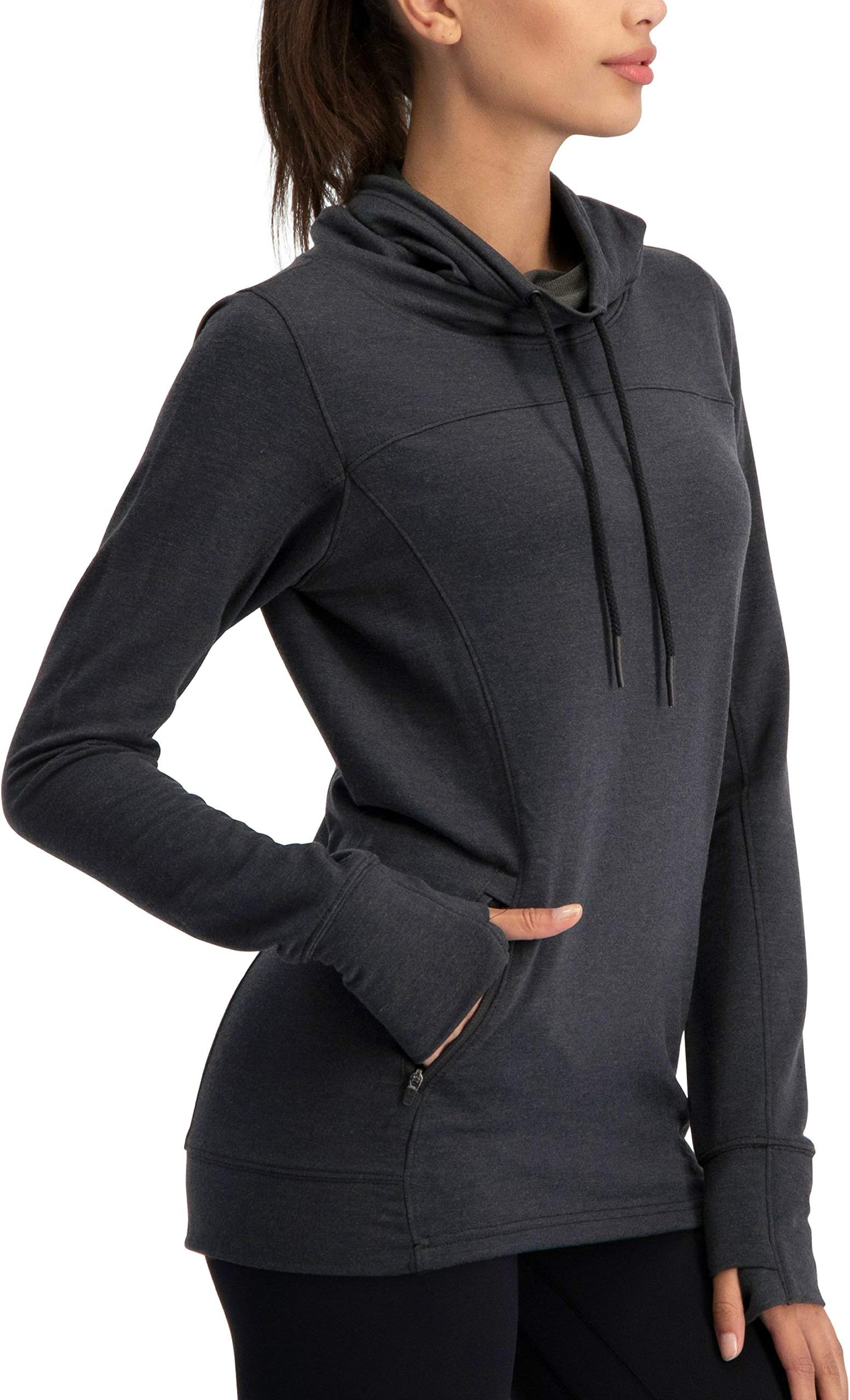 Dry Fit Running Pullover Womens - Fleece Cowl Neck Run Sweater Jacket - Zip Pockets and Thumbholes