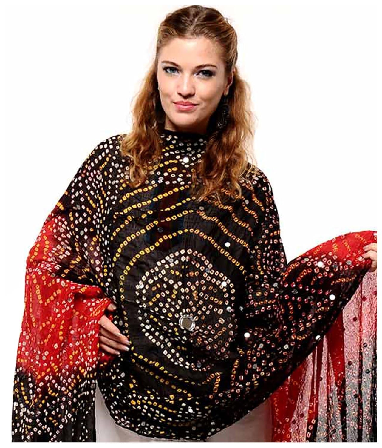 apratim women's cotton black and red bandhani dupatta with mirror work