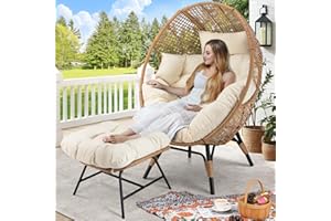 RADIATA Egg Chair with Footrest, Wicker Patio Lounger with Ottoman, Oversized Rattan Egg Shaped Chair with Leg for Indoor Outdoor Patio Balcony Garden (Beige)