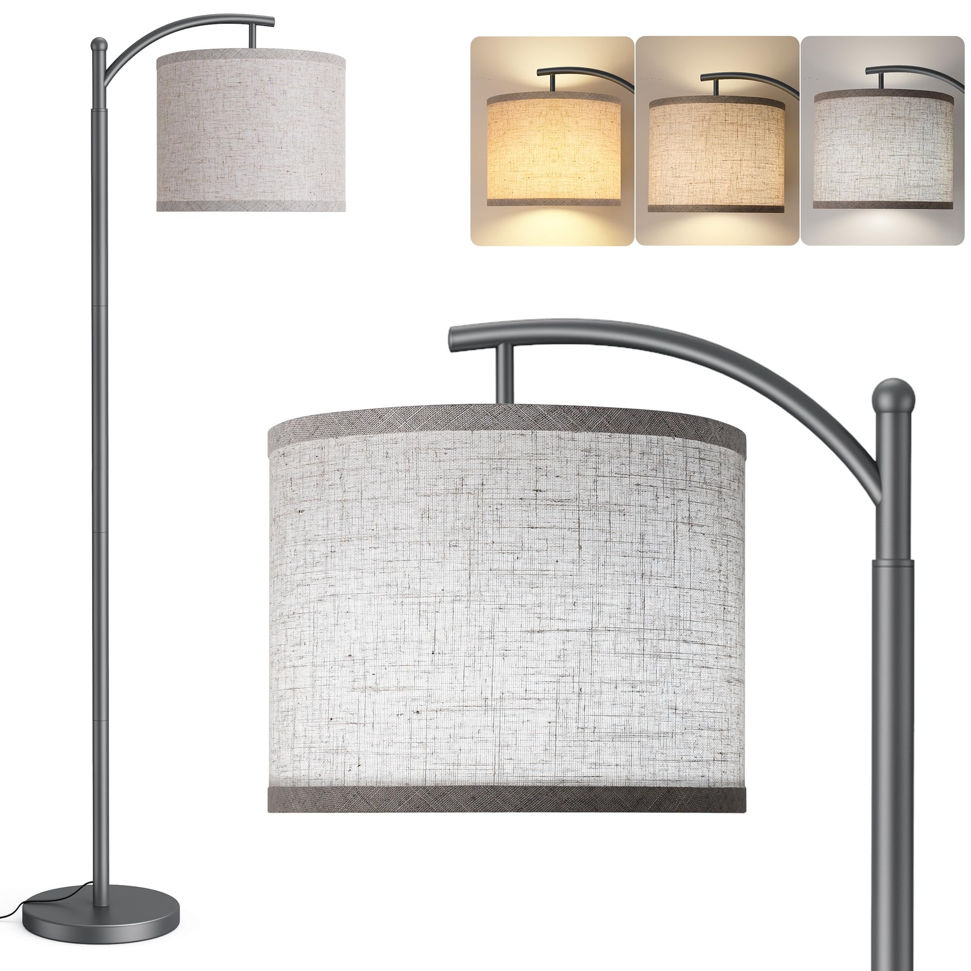 Floor Lamp for Living Room with 3 Color Temperatures LED Bulb, Standing Lamp Tall Industrial Floor Lamp Reading for Bedroom, Office (9W LED Bulb, Beige Lampshade Included) -Grey Image