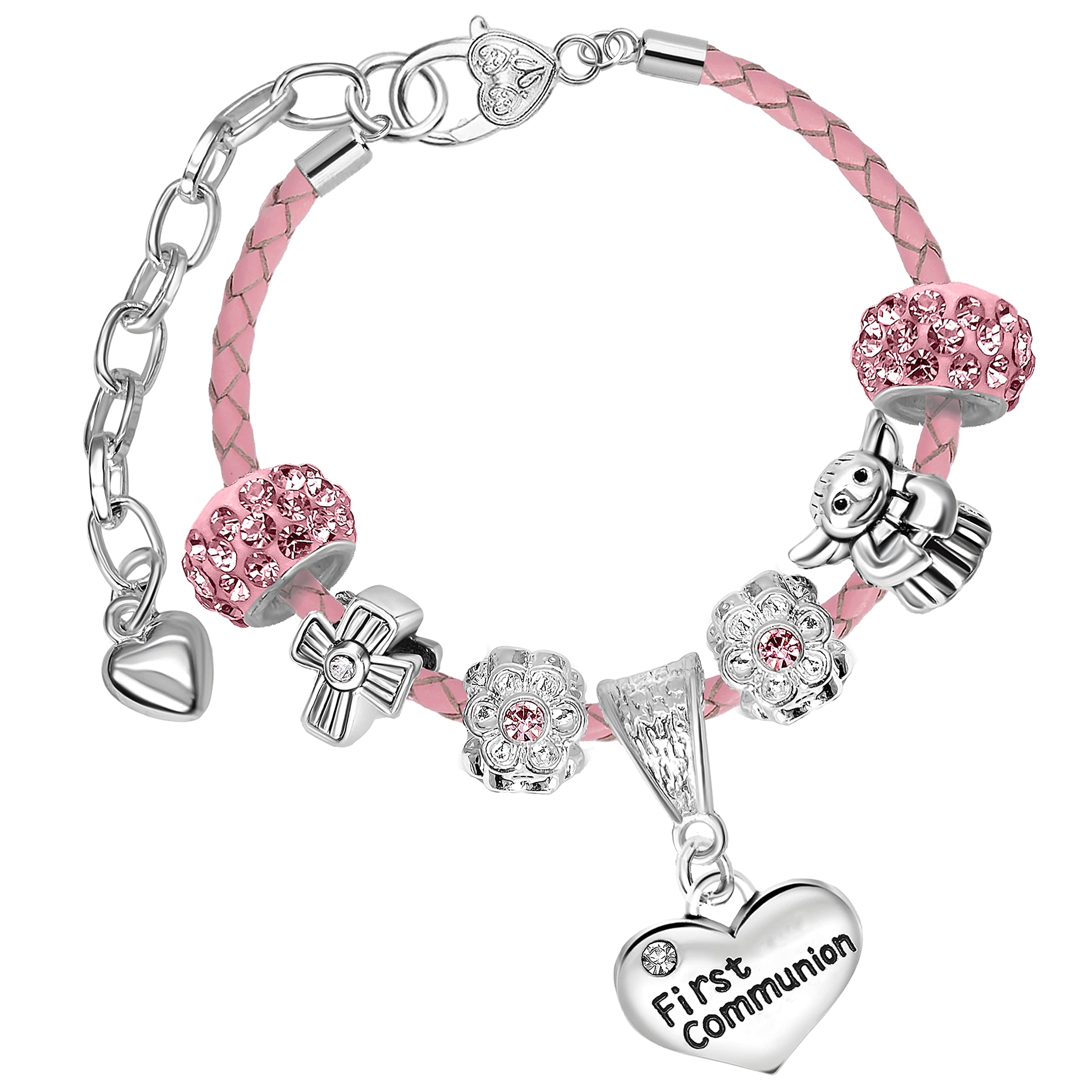First Holy Communion Glitter Sparkles Charm Bracelet with Gift Box for Girls (5. Pink Leather)