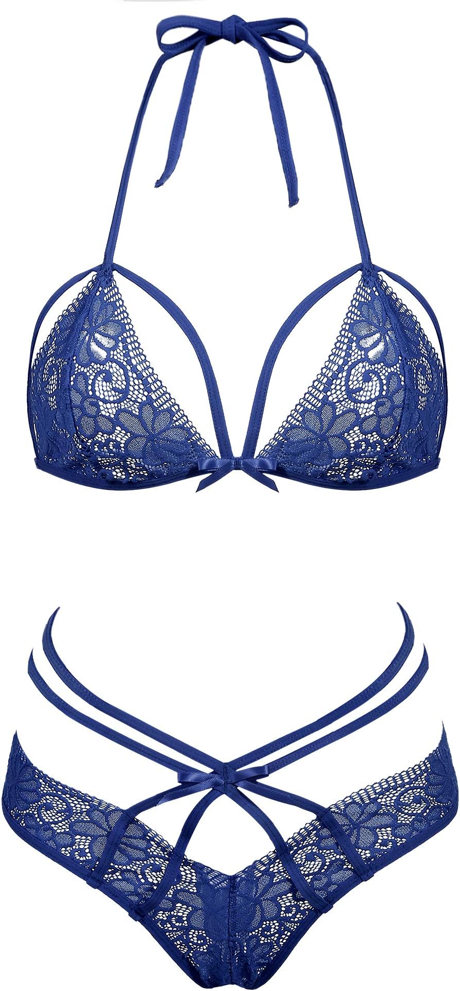 Womens Sexy Strappy Halter Lace Lingerie 2 Piece Bra and Panty Set Small-2xl