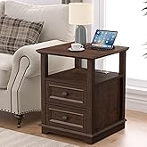 REDAYFUR 24" Tall End Table with Charging Station &amp; 2 Drawers | Double 18W Fast Charge, Large 18" Bedside Table, Open Shelf, Living Room, Bedroom, Home Office