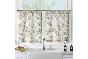 Lazzzy Black Floral Kitchen Curtains 24 Inch Length, Linen Farmhouse Cafe Curtains Over Sink Rustic Country Small Curtains Rod Pocket Tier Curtains, 2 Panels, Black on Beige