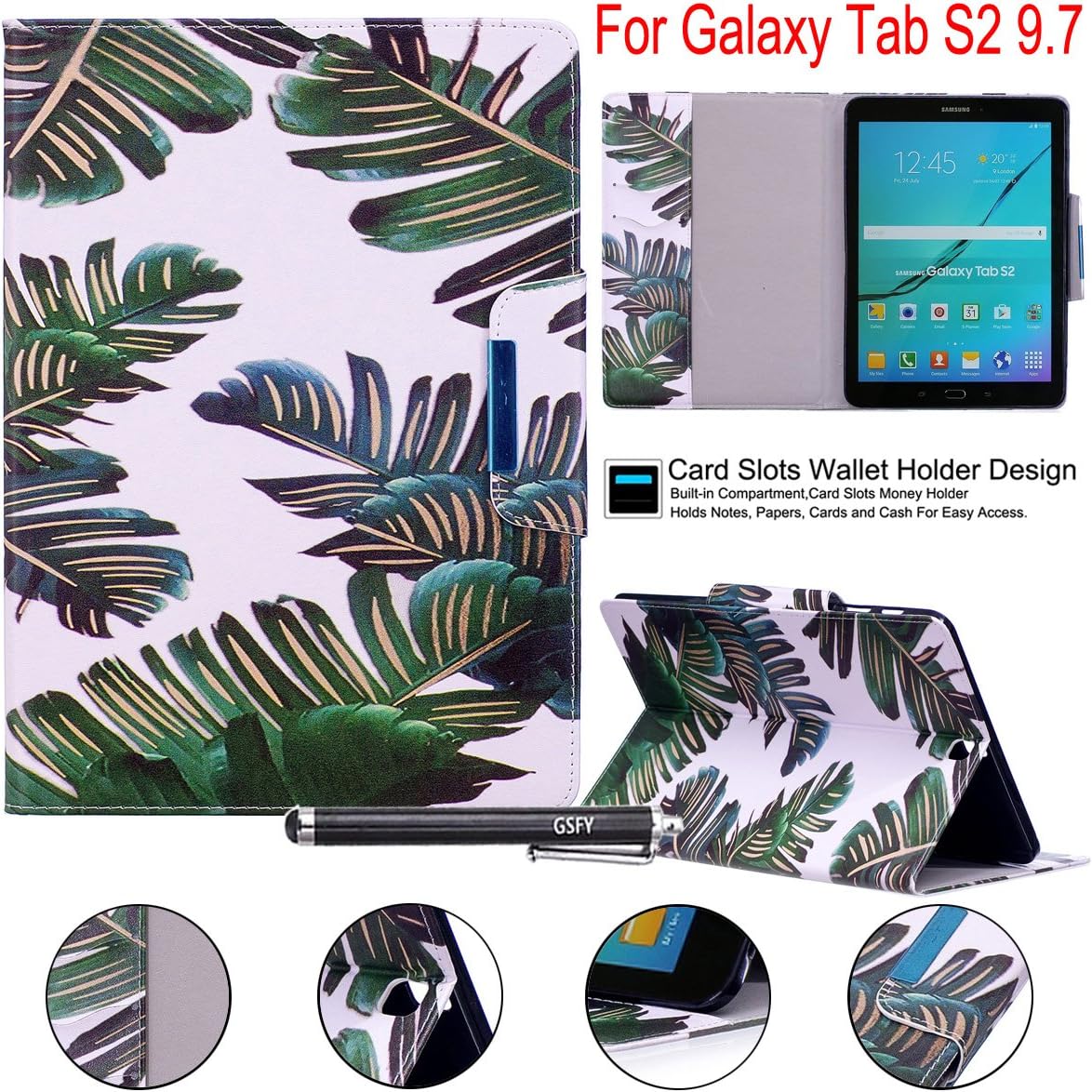 Galaxy Tab S2 9.7 Case, Newshine PU Leather Folio Wallet Cover Case with [Multi-Stand View Angles] [Auto Wake/Sleep Function] for Samsung Galaxy S2 9.7 T815 Tablet - Green Leaf