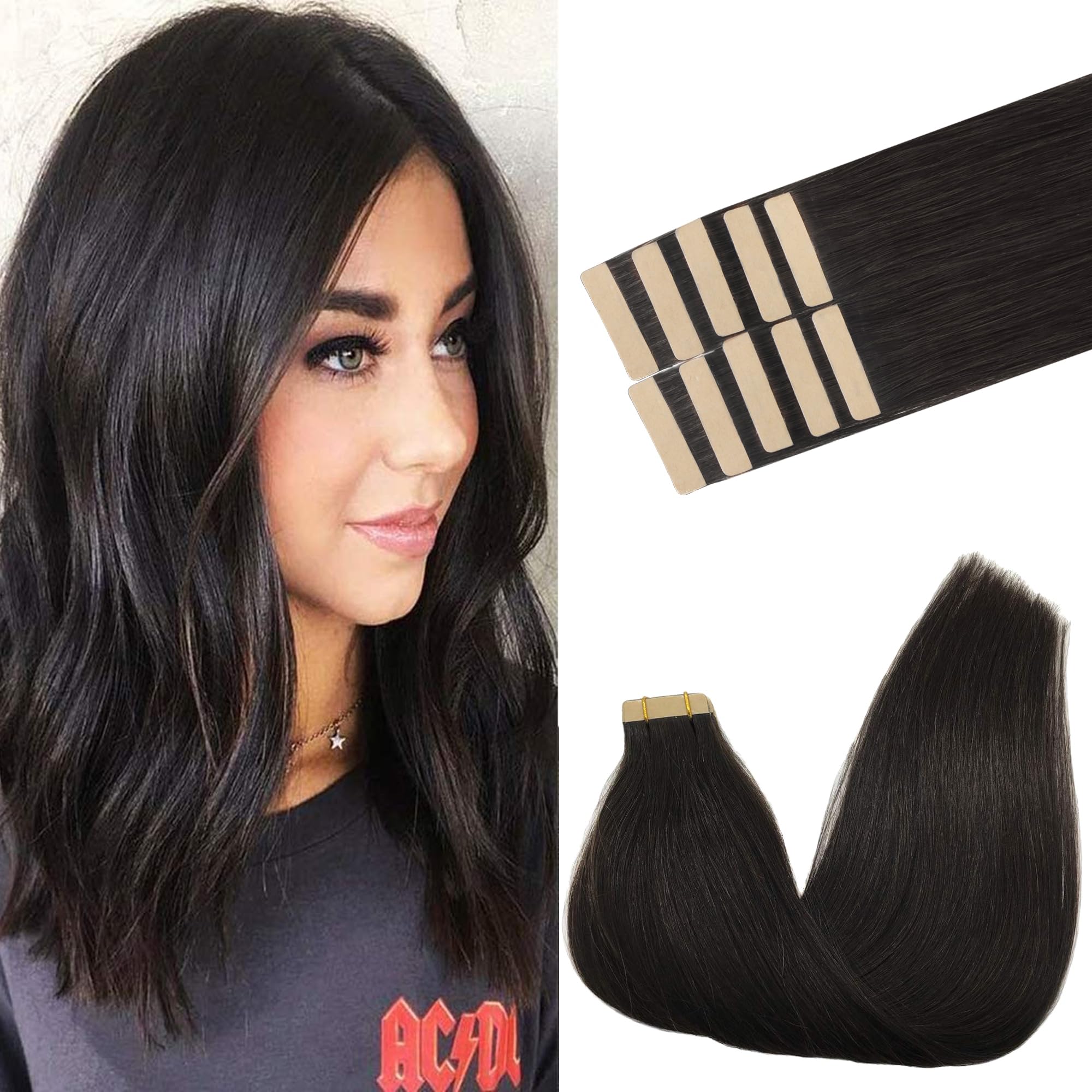 GOO GOO Tape in Hair Extensions human hair, tape Hair Extensions, 20inch 30g 10pcs, Human Hair Extensions, 1B Natural Black — image 1