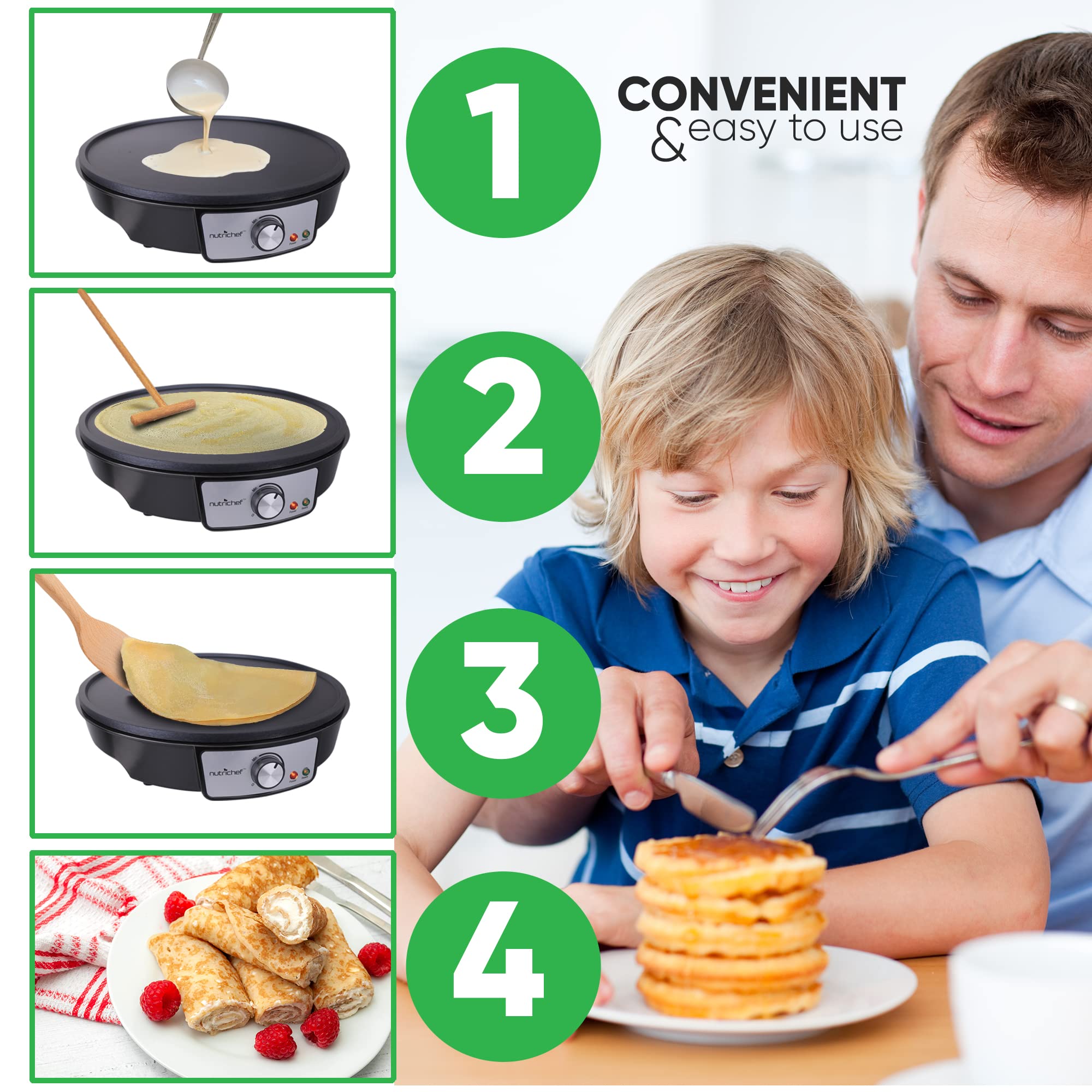 NutriChef Electric Griddle & Crepe Maker | Nonstick 12 Inch Hot Plate Cooktop | Adjustable Temperature Control | Batter Spreader & Wooden Spatula | Used Also For Pancakes, Blintzes & Eggs