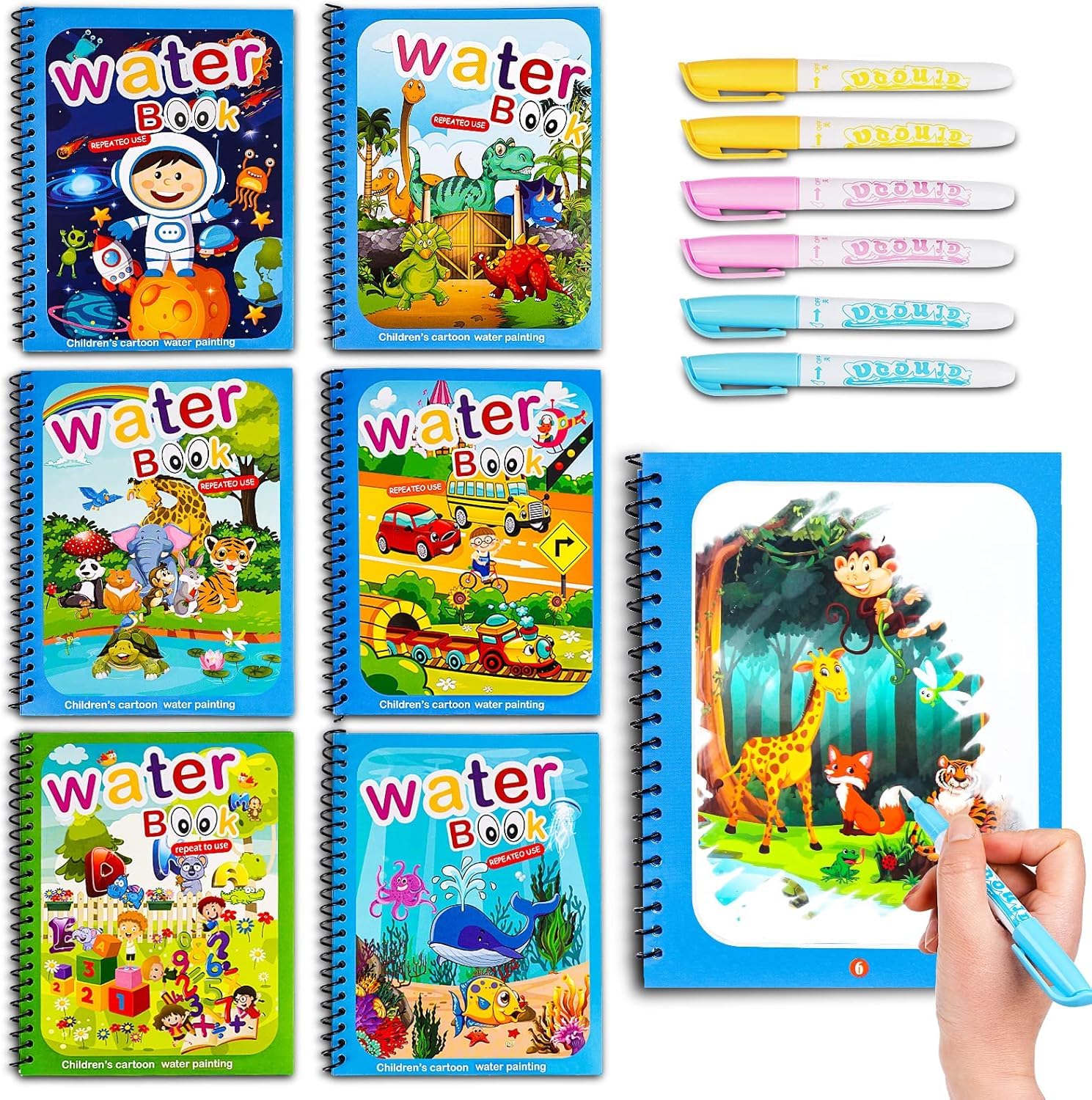 Water Coloring Books for Toddlers, Reusable Water Doodle Book Toys, Mess-Free Coloring Book, Toddler Toys & Activities for Girls Boy Easter Birthday Gift for 1 2 3 4 5 + Year Old (6 Pack)