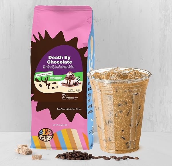 CRAZY CUPS FLAVORED GROUND DECAF CHOCOLATE COFFEE, DECAFFEINATED DEATH BY CHOCOLATE COFFEE IN 10 OZ BAG, FOR BREWING FLAVORED HOT OR ICED (PACK OF 1)