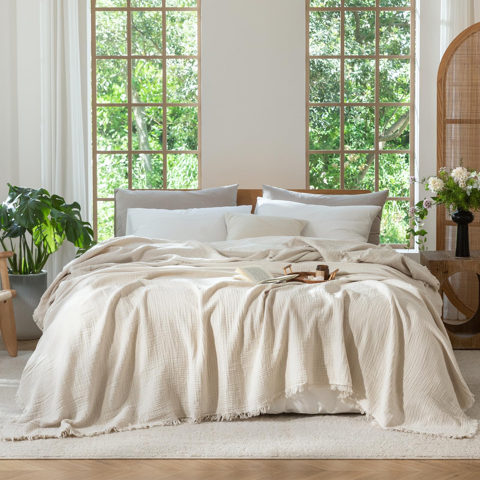 Photo 1 of MooMee Muslin Blanket - 100% Cotton 4-Layer Gauze Throw Blanket with All-Around Fringe, Ultra-Soft Breathable Lightweight Cooling Decorative for Bed, Sofa & Couch (Beige,King 104" x 90")