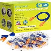 TICONN 48 Pairs Corded Silicone Ear Plugs for Noise Reduction, 25 dB NRR | Reusable &amp; Washable Earplugs, Soft Hypoallergenic Silicone, Stay-In-Place Fit, Individually Wrapped, Study &amp; Sleep Use