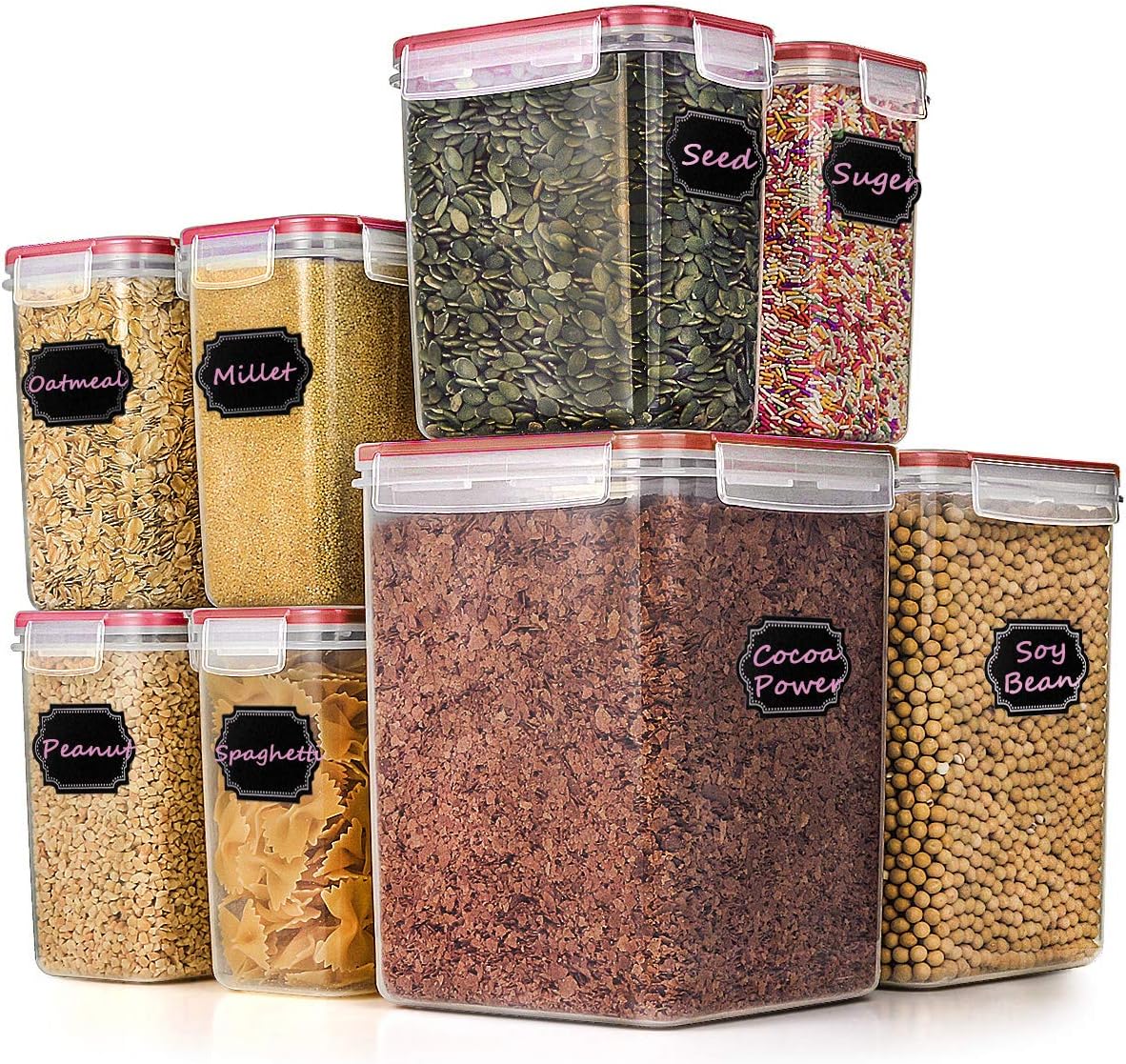 Food Storage Containers Airtight Containers, Hangoes Cereal & Dry Plastic Containers for Cereal Flour Rice Snacks Sugar, Leak Proof with Locking Lids - Set of 8 (175.9 Oz & 54.1 Oz)