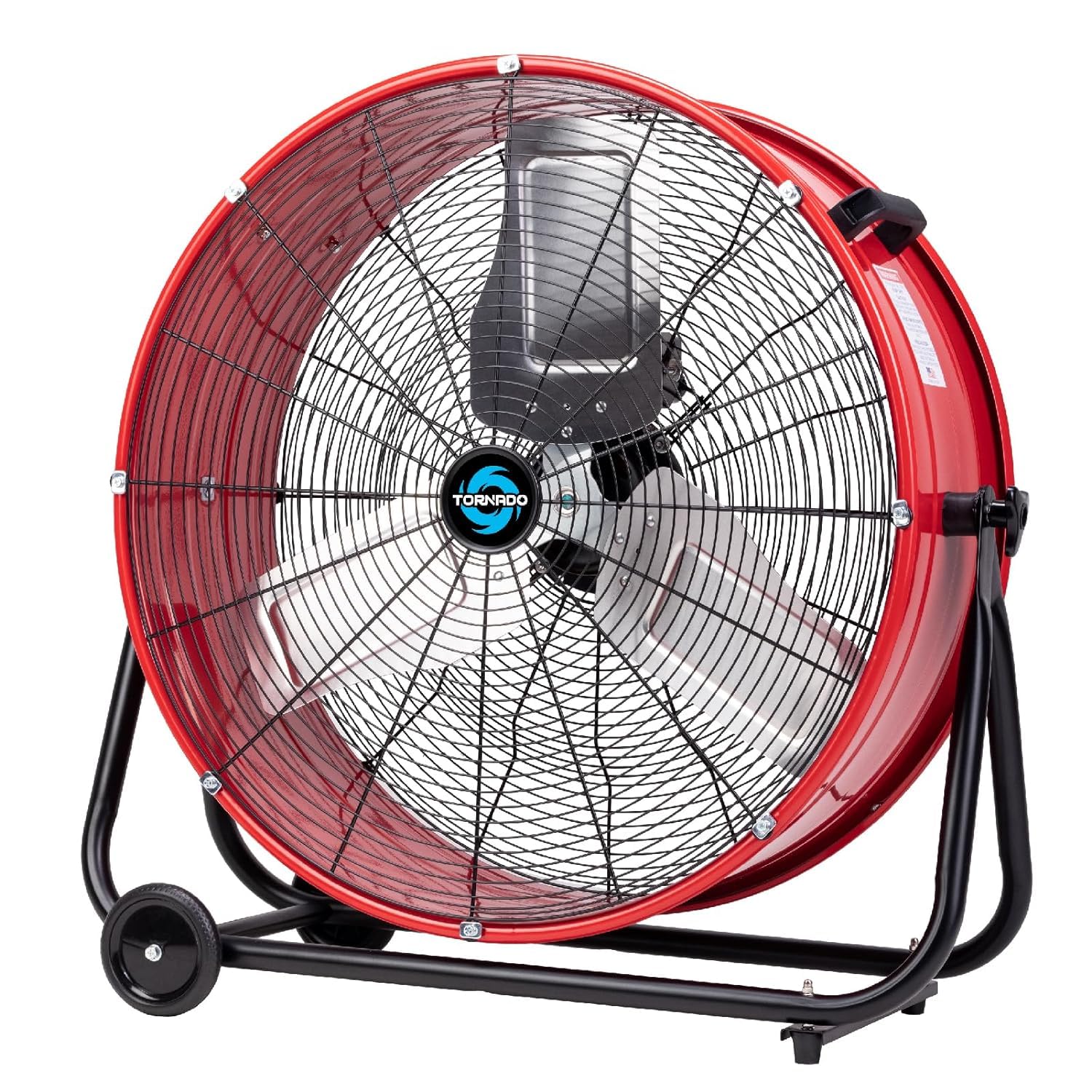 Tornado 24 Inch High Velocity Heavy Duty Tilt Metal Drum Fan Wide Version Red Commercial, Industrial Use 3 Speed 8800 CFM - 8 FT Cord UL Safety Listed