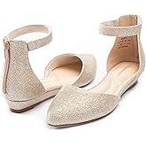 Cusolemore Women Flat Shoes with Ankle Strap, Low Wedge Heel Flats for Women, Comfortable Pointed Toe Dress Shoes for Work Business Wedding