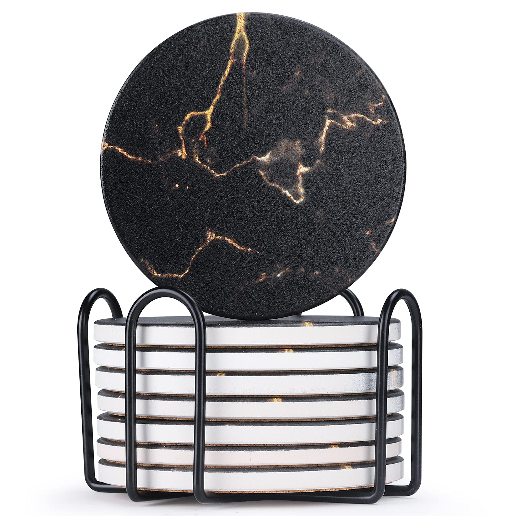 Coasters, Set of 8 Ceramic Coasters with Cork Back, Drink Coasters for Glass, Cups, Mugs, Table Protection, Home Decoration, Black and Gold
