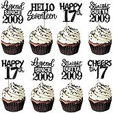 30PCS Black 17th Birthday Cupcake Toppers Glitter Seventeen Happy 17th Straight Outta 2009 Cupcake Picks for Cheers to 17 Years Birthday Anniversary Party Cake Decorations Supplies