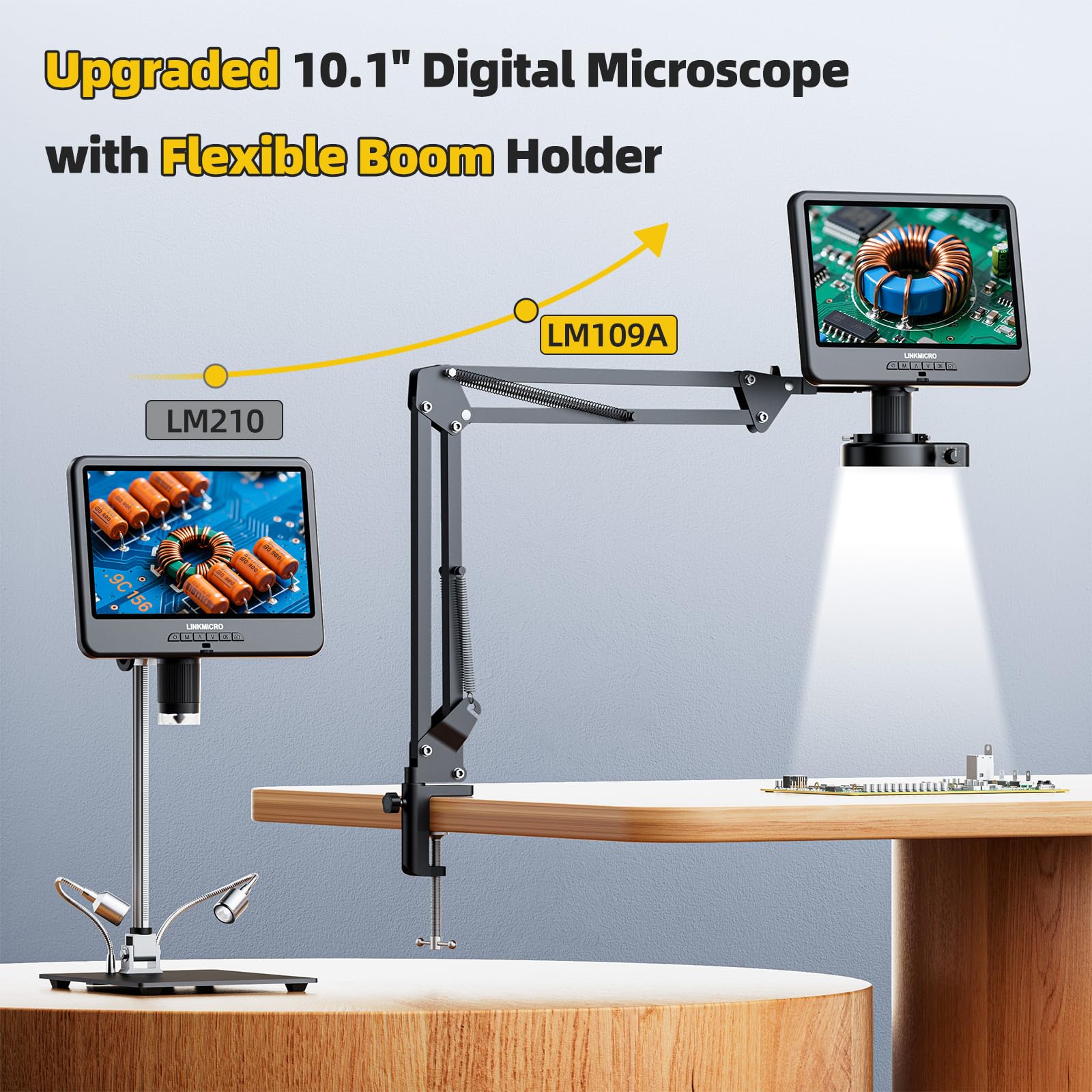 LINKMICRO LM109A 10.1'' LCD Digital Microscope with Screen for Adults, Soldering Electronics Microscope [Flex Arm Stand] 260X Full View Error Coins Camera Magnifier with 56 LED Ring Light, PC View