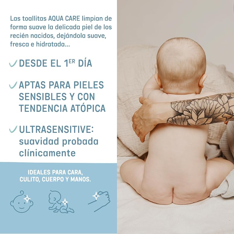 , Pack 60 Toallitas Bebé Aqua Care, Húmedas 99% Agua