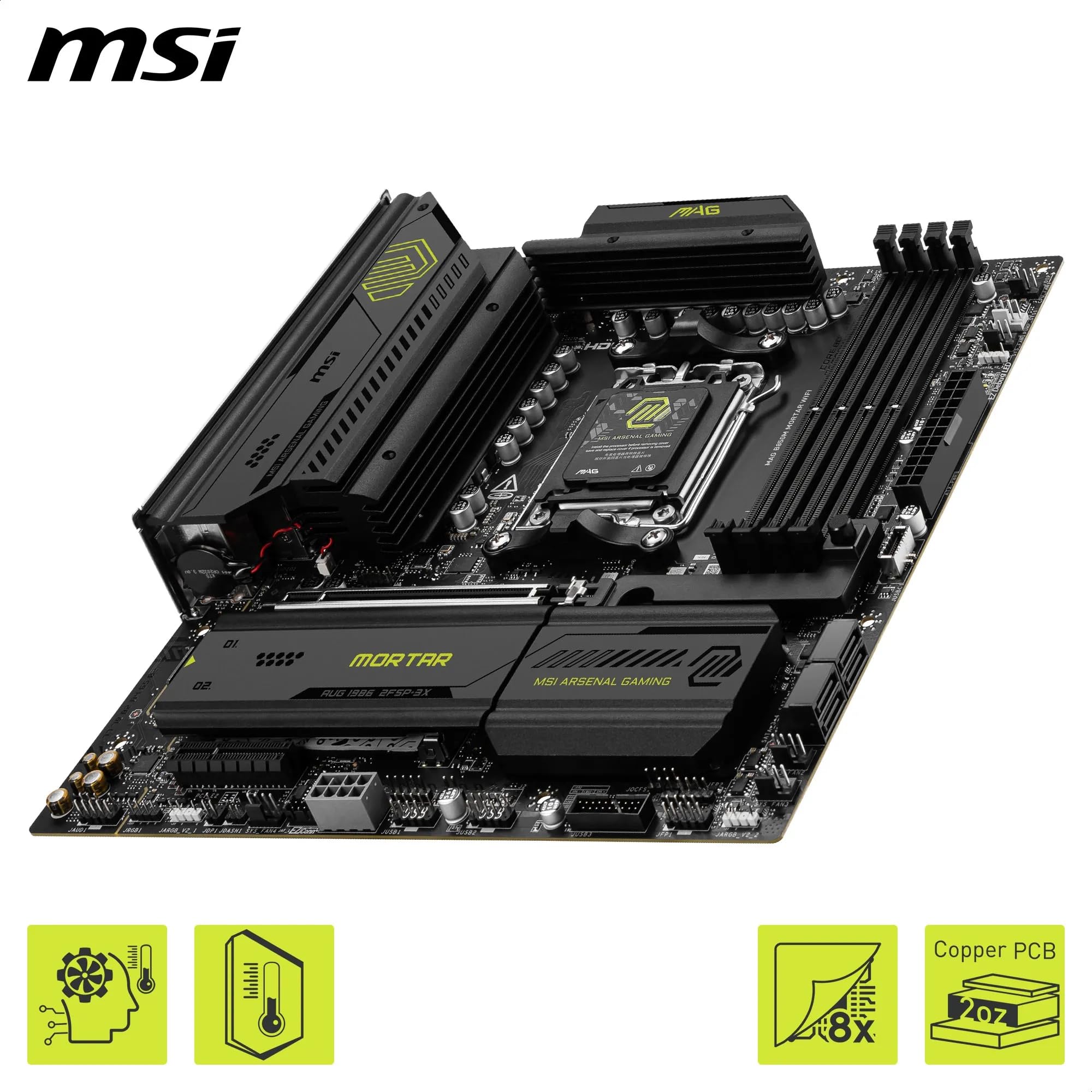 MSI MAG B850M Mortar WiFi Motherboard, mATX - Supports AMD Ryzen 9000/8000 / 7000 Processors, AM5-60A SPS VRM, DDR5 Memory Boost 8200+ MT/s (OC), PCIe 5.0 x16, M.2 Gen5, Wi-Fi 7, 5G LAN