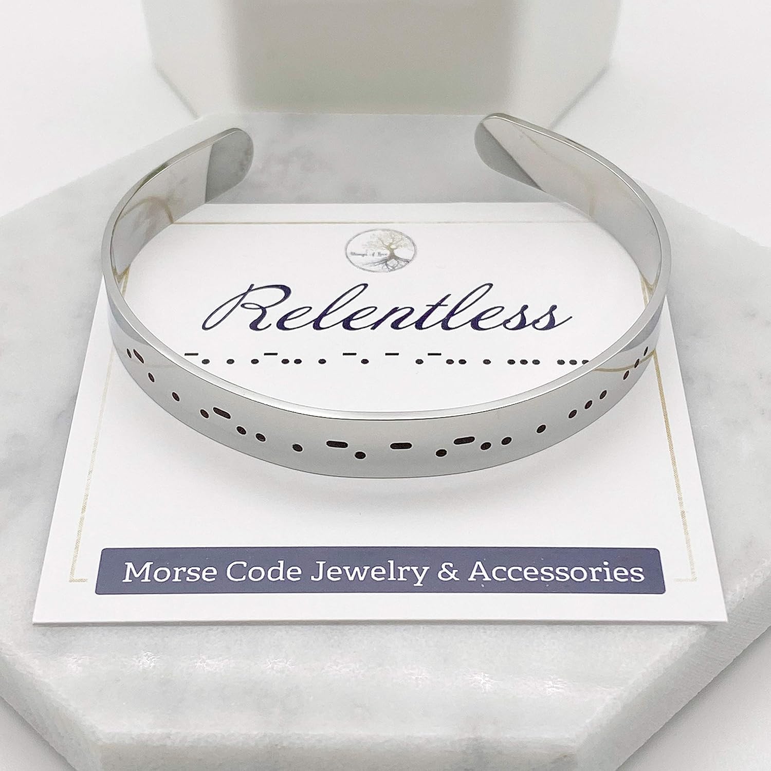 Relentless Morse Code Hidden Message Inspirational Jewelry Women & Girls Silver Cuff Bracelet