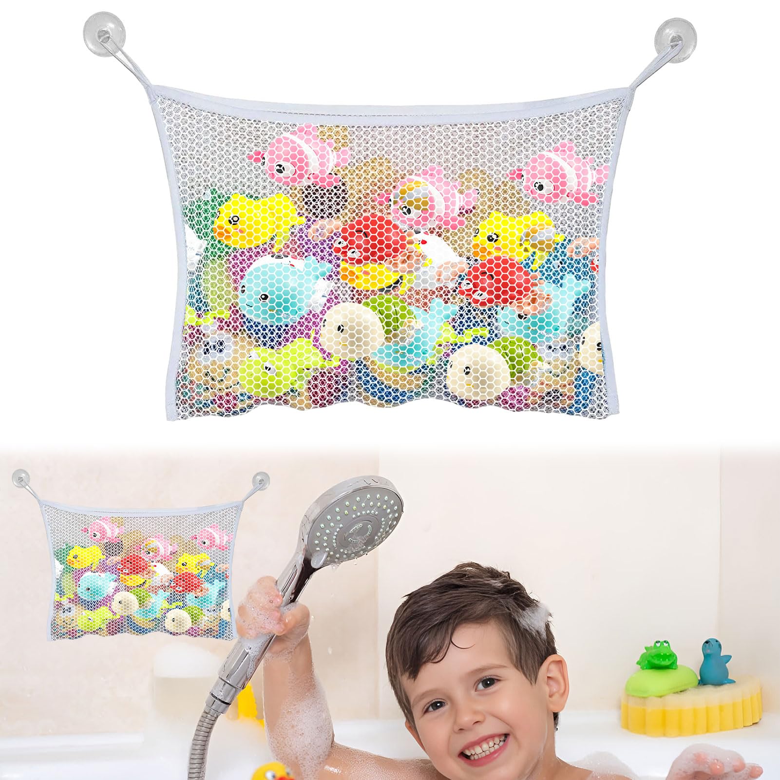 Bath Toy Storage Organiser,1PCS Bath Net for Toys,Fold-Able Bath Toy Storage Net,Bath Toy Net,Bath Toy Holder,Bath Toy Tidy with 2 Suction Cups for Mesh Bath,Keep Bathtub Water Mold Free,Transparent
