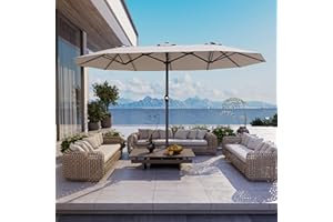 AreShark 15FT Large Patio Umbrella, Double Sided Extra Large Outdoor Umbrella, Rectangular Patio Market Umbrella for Pool, Yard, Lawn Garden (Beige)