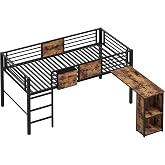 LIKIMIO Low Loft Bed Twin Size with Desk &amp; 25 Heavy-Duty Steel Slats | 2-Tier Cabinet &amp; Bedside Organizer, Charging Station and Safety Guardrails and Ladder, Vintage Brown