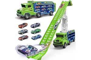 SHYLIZARD Toddler Car Truck Toys,Car Carrier Truck Toys for Kids Age 3-5 4-8,Foldable Car Track Sets with 2.8-Ft Race Track and 6 Die-Cast Race Cars, Truck Toys Gifts for 3 4 5 6 7 8+ Year Old Boys Girls(Green)