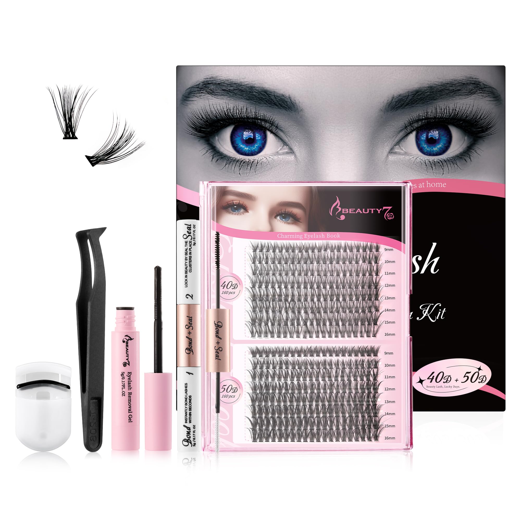Beauty7 Eyelash Extensions Kit 320pcs Cluster Lashes Kits 20D 30D 40D 50D Individual Eyelashes Kit D Curl 9-16mm with Lash Bond and Seal Lash Tweezers DIY Lash Extension Kits (40D +50D Total 320pcs)