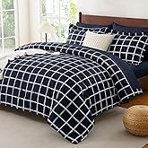 CozyLux Queen Comforter Set with Sheets - 7 Pieces Plaid Bed in a Bag Set Navy Blue, Queen Bedding Sets Bed Set with All Season Quilted Comforter, Flat Sheet, Fitted Sheet, Pillowcases & Pillow Shams