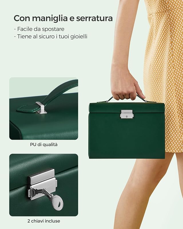 Scatola Portagioie, 4 Livelli, 3 Cassetti, Specchio e Chiusura