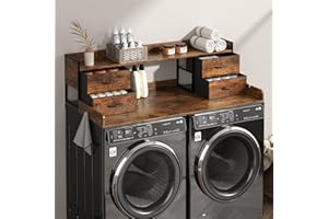PULSEFAY 4 Drawers Washer Dryer Countertop with Shelf, 27.5" D x 54" W Laundry Topper with 3.54" High Guardrails and Non-Slip Pads,Extra Storage Organizer for Over Washer and Dryer, Holds 66 Lbs,Vintage Brown