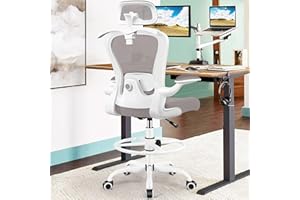 AtHope Drafting Chair, Tall Office Chair with 3D Lumbar & Head Support, Ergonomic Mesh Standing Desk Chair with Footring, Comfy Extended High Desk Chair with Flip-Up Arms & Hanger (Gray)