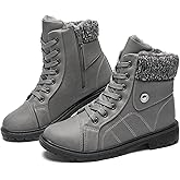 FRACORA Women's PU Leather Combat Boots Warm Fur Lined Black Ankle Booties Side Zipper White Boots Non-slip Winter Boots