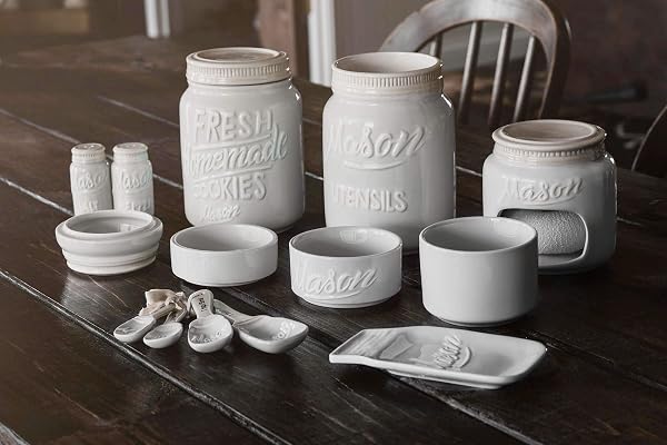 FARMHOUSE CANISTERS SETS FOR THE KITCHEN – MASON JAR CERAMIC KITCHEN UTENSIL HOLDER, SPOON REST, CUTE COOKIE JAR, SALT & PEPPER SHAKER SETS, SPONGE HOLDER, MEASURING CUPS & SPOONS (WHITE,17-PC BUNDLE)