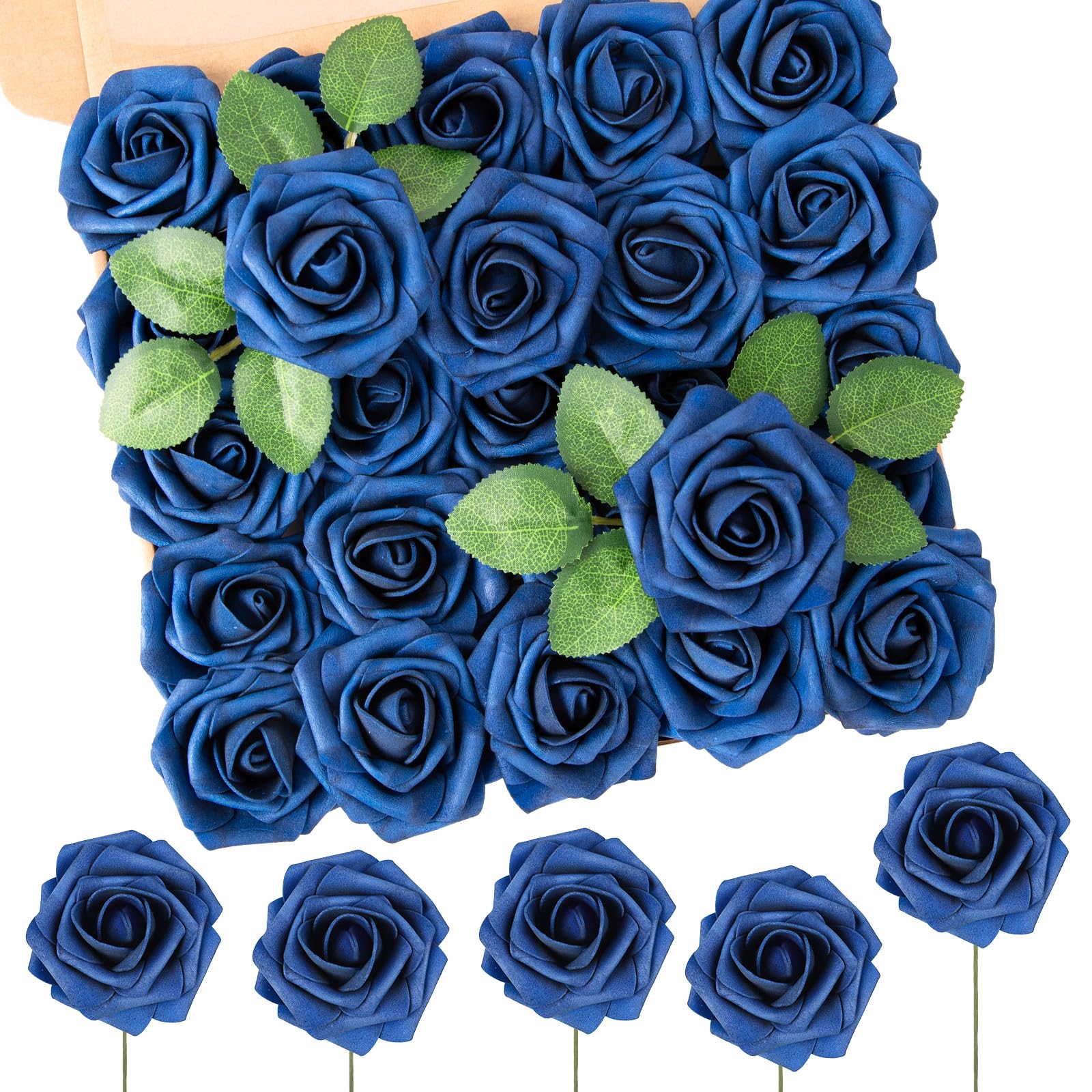 N&T NIETING Artificial Flowers Navy Blue Roses 25Pcs Fake Flowers Foam Roses with Stems for DIY Wedding Bridesmaid Bridal Bouquets Mother's Day Centerpieces Party Home Decoration Baby Shower