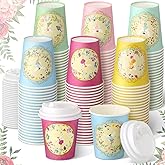 Karenhi 36 Pack 9 oz Floral Paper Cups Bridal Shower Vintage Tea Cup Wedding Disposable Coffee Mugs with Lids for Women Girls Tea Party Decorations Baby Shower(Fresh)