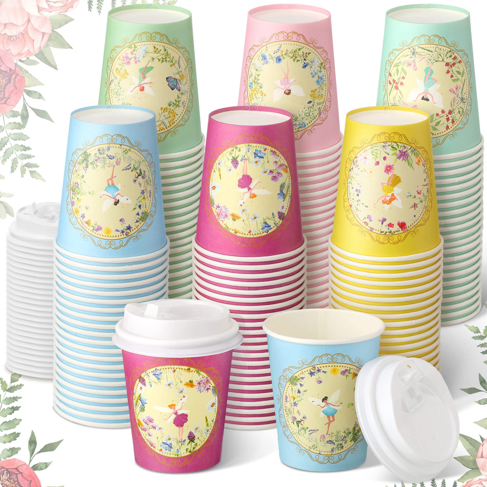Photo 1 of Karenhi 36 Pack 9 oz Floral Paper Cups Bridal Shower Vintage Tea Cup Wedding Disposable Coffee Mugs with Lids for Women Girls Tea Party Decorations Baby Shower(Fresh)