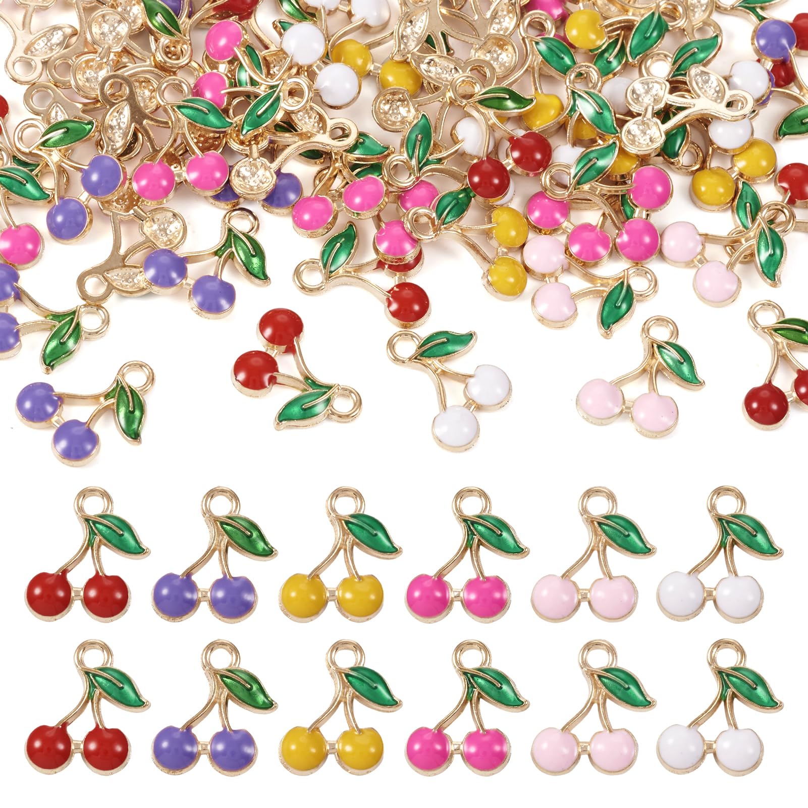 Beadthoven 60Pcs Enamel Cherry Charms Light Gold Cherries Dangle Charms Alloy Sweet Fruits Charms Cute Cherry Lucky Pendants for DIY Bracelet Necklace Jewelry Making