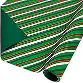 American Greetings Reversible Christmas Wrapping Paper Roll, Red, White and Green Holiday Gift Wrap (60 sq. ft., 1 Standard Roll Wrap-30 in. x 24 ft.) Stripes and Solid Green