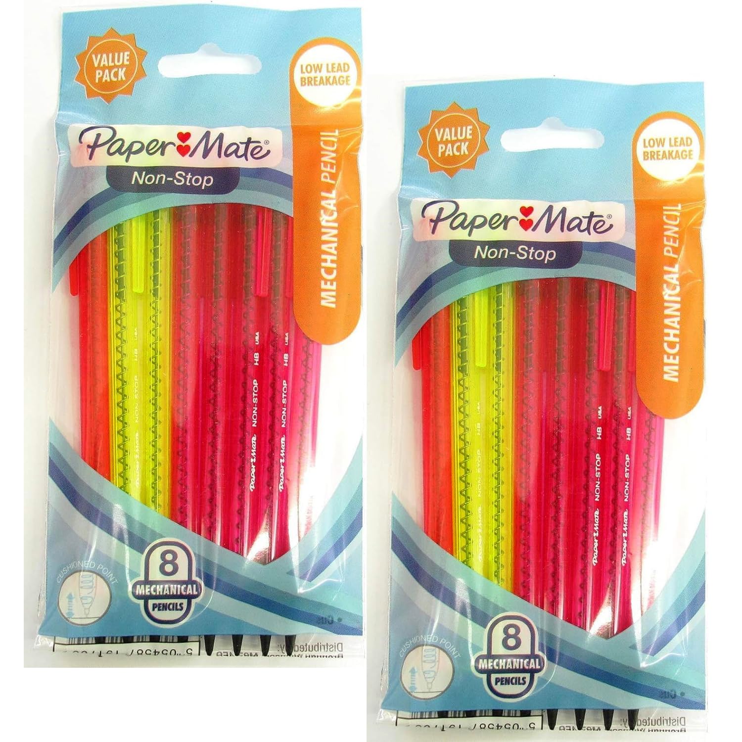 Paper Mate Non-Stop Mechanical Pencil 0.7mm With Eraser - HB #2 - Original Clear Neon Barrels - Pack of 16