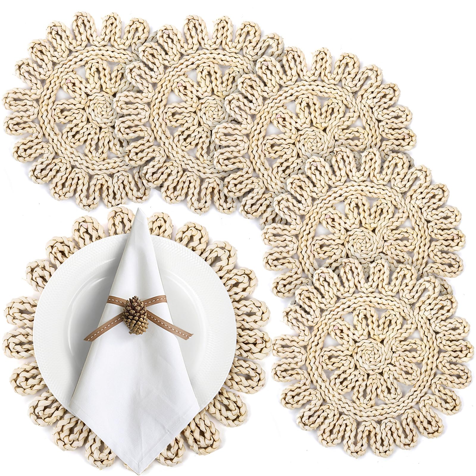 Photo 1 of TOPZEA 6 Pack Round Woven Placemats, 11.75 Inch Natural Hand-Braided Boho Placemat Set, Heat Resistant Wicker Charger Plates for Dining Table Decor, Thanksgiving, Wedding, Christmas
