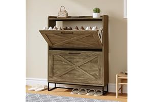 Captain Winters Shoe Cabinet with 2 Flip Drawers On Clearance, Freestanding Shoe Organizer with Metal Legs, Narrow Storage Cabinet, Farmhouse Slim Shoe Storage Cabinet for Entryway, Gray Wood Grain