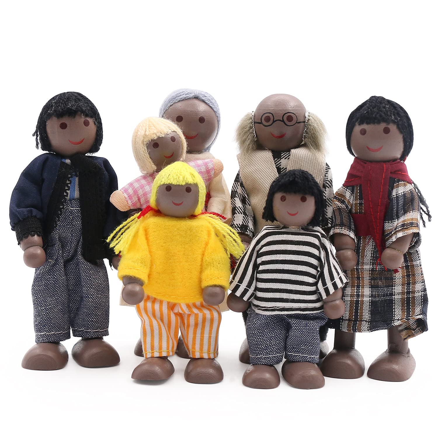 SumDirect Sets of 7 People Wooden Family Doll Toys, Lovely Happy Family Dolls Playset Doll House Accessories for Doll House Kids Children Toy (style 4)