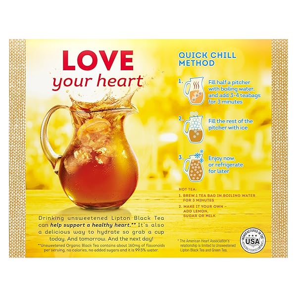 LIPTON TEA BAGS FOR A ICED OR HOT TEA ORGANIC BLACK TEA ICED OR HOT TEA THAT CAN HELP SUPPORT A HEALTHY HEART 5.9 OZ 72 COUNT